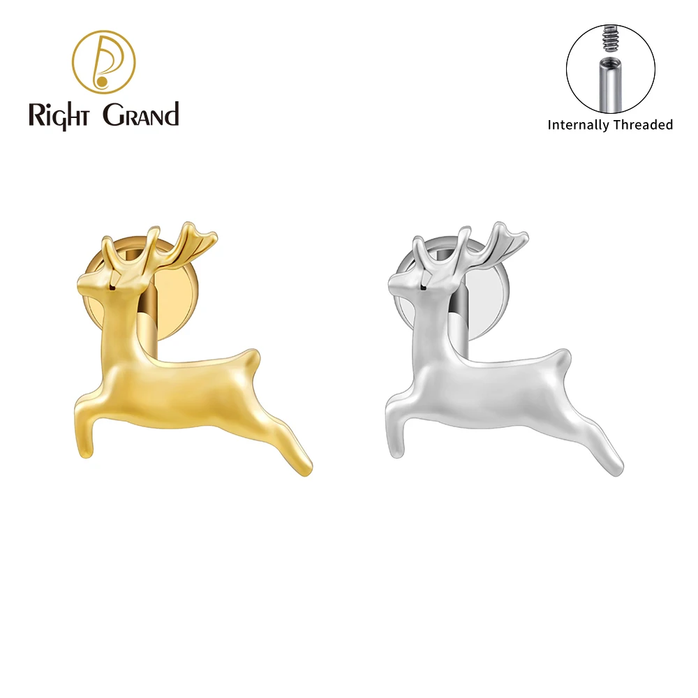 Right Grand ASTM F136 Titanium Christmas Flat Back Earring 16G Tiny Deer Helix Stud Cartilage Tragus Labret Stud Animal Piercing Jewelry