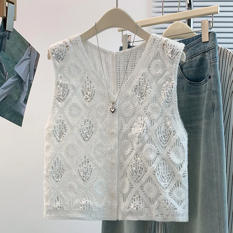 Spring Autumn Hollow out Hook Flower Anti-Aging Versatile High-End Sequin Open Cardigan Vest Outerwear Thin Women's Fashion
