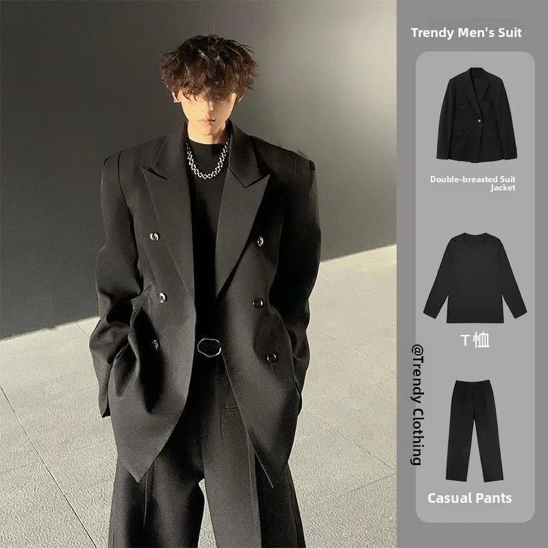 

Casual Loose Fit Men's Suiting Jacket Double Row Button Design Sensation Big Size Notch Lapel Outerwear for Youth Autumn Wear