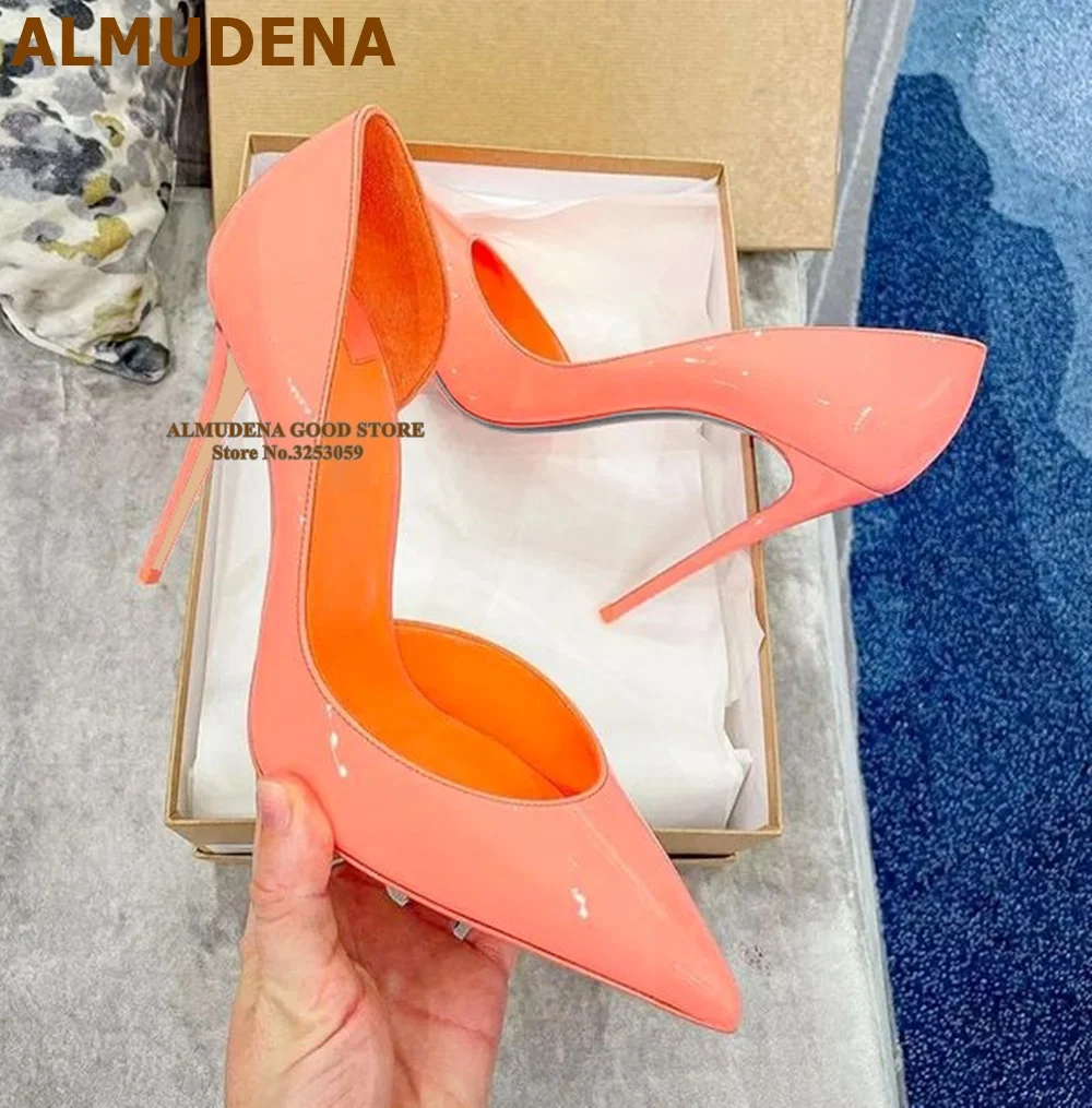 

ALMUDENA Top Brand Spring Summer Black Nude Mirror Leather Pumps Sexy Stiletto Heels Irregular Shallow Cut Wedding Shoes 12cm