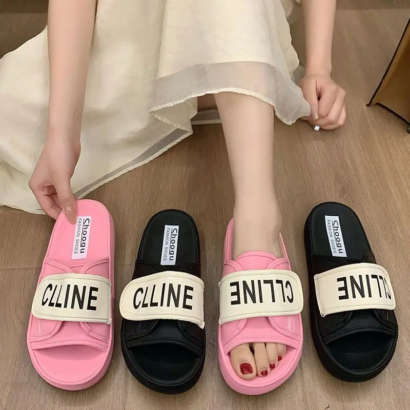 

Women Slippers 2024 New Summer Thick Soled Slippers Outdoor Beach Platform Letter Slippers Flat Bottom Anti Slip Pantuflas Mujer