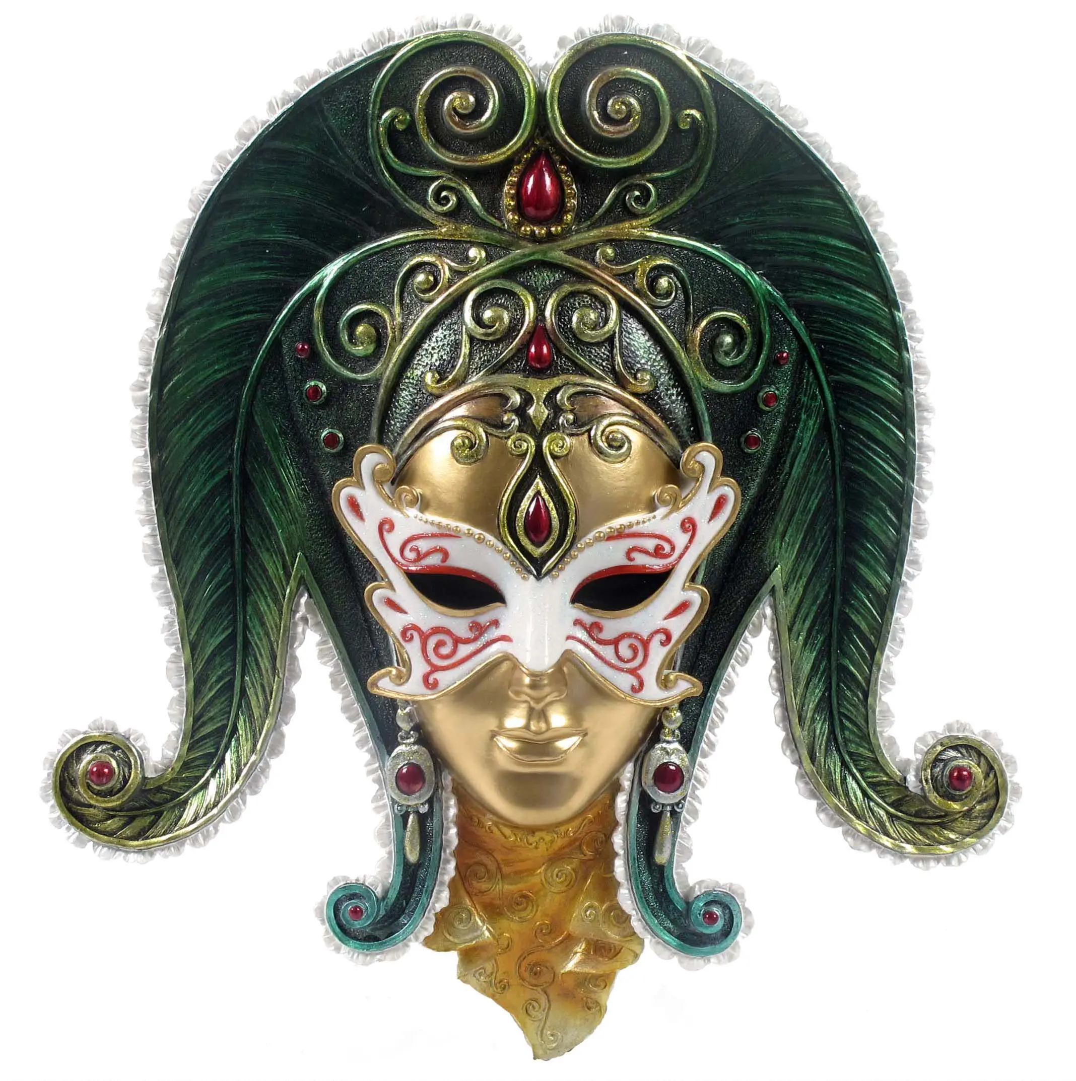 Green Curved Feather Venetian Carnival Mask Wall Sculpture Vintage Gem Inlaid Masquerade Face Ornament Baroque Luxury Home Decor