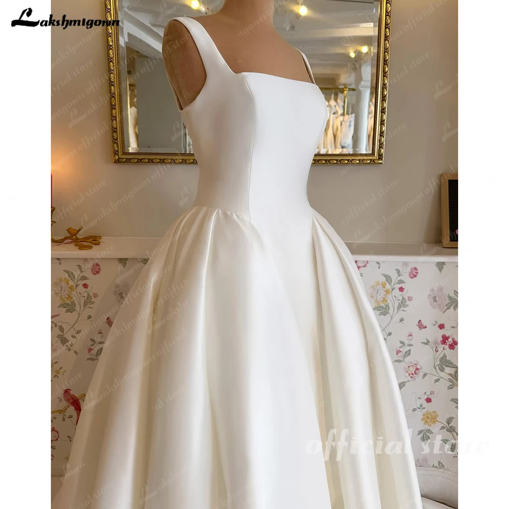 Yanshmigown-Robe de mariée en satin Mikado avec poches, train de balayage, ligne A, col carré en fibre, patients personnalisés