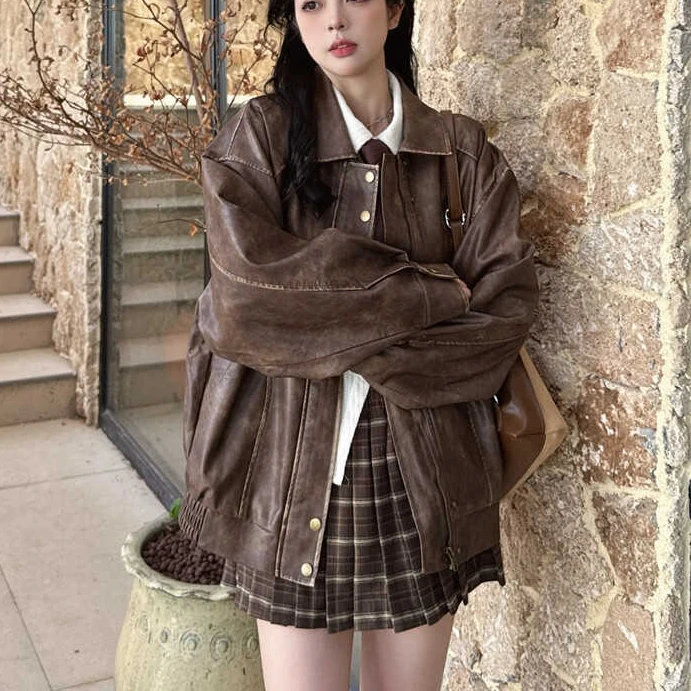 Vintege Brown Jacket for Women PU Leather Bomber Jacket Spring Autumn Demi-season Jackets Outerwears Fashion Women Clothing