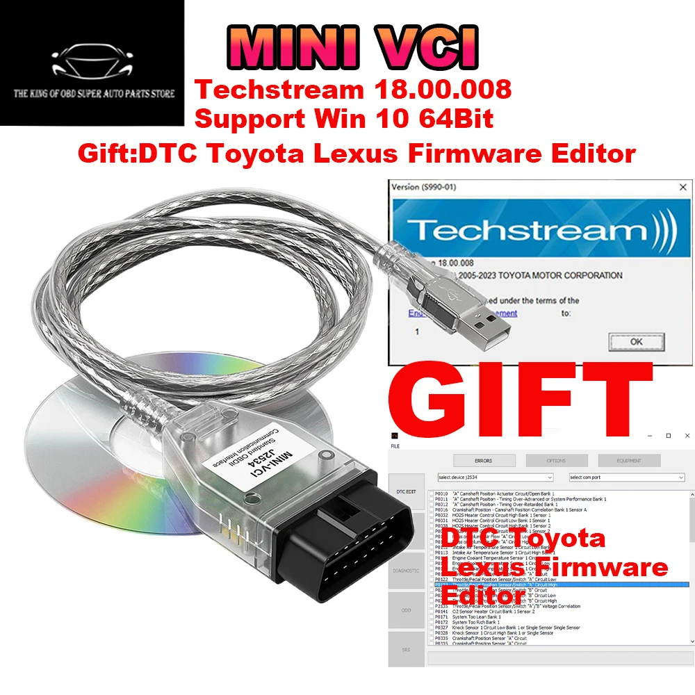 Mini Vci For Toyota TIS Techstream V18.00.008 FTDI FT232RL OBD2 Diagnostic Cable until 2023 DTC Firmware Editor for Toyota/Lexus