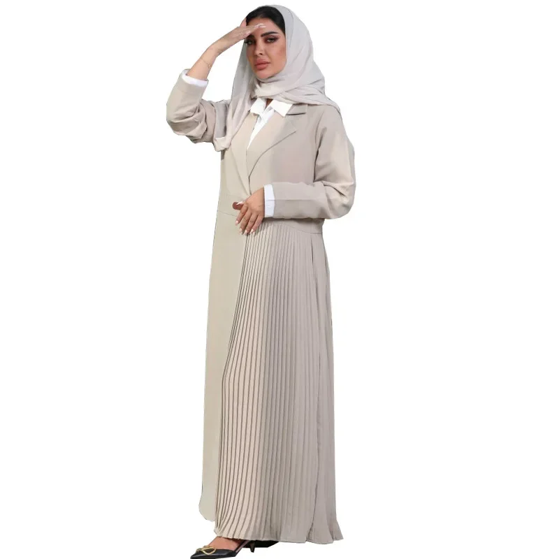 แจ็คเก็ตมุสลิมอาหรับ Abaya เสื้อสเวตเตอร์ถัก Robe จีบเสื้อผ้าแฟชั่นหนังปุ่มสีทึบ Robe Coat
