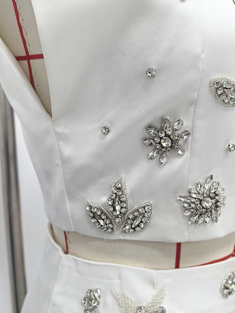 Modphy – jupe sirène de luxe blanche en diamant, ensemble deux pièces, robes formelles élégantes pour femmes, haut court sans manches + jupe longue