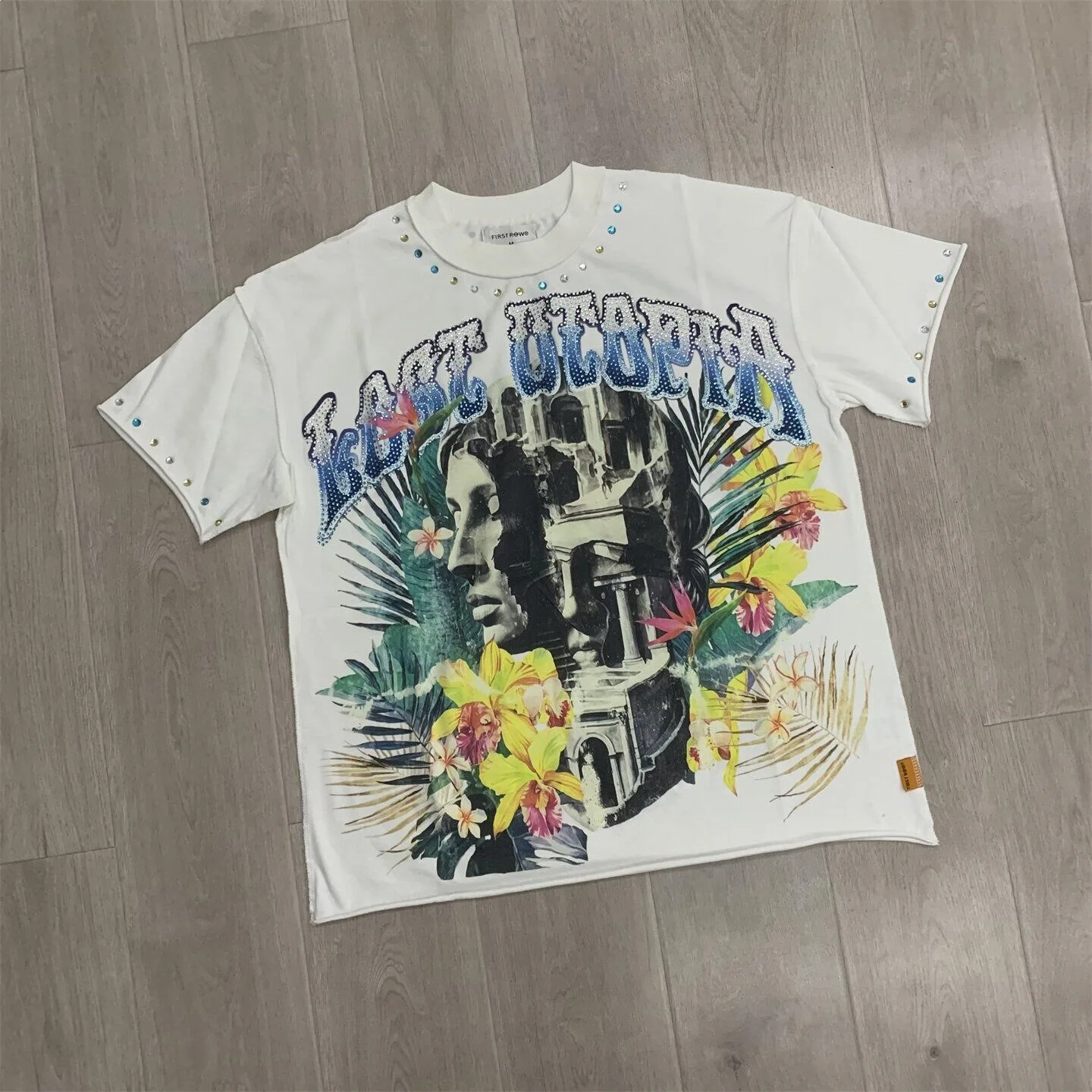 High Street Style Short Sleeve T-Shirt Rhinestone Decorated Men's Casual Top Straight Spray Letter Print Rivet Decoration Unisex