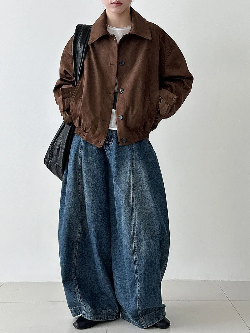 سترة نسائية قصيرة من جلد الغزال بتصميم جديد للخريف والشتاء مع معطف صغير منفوش #6