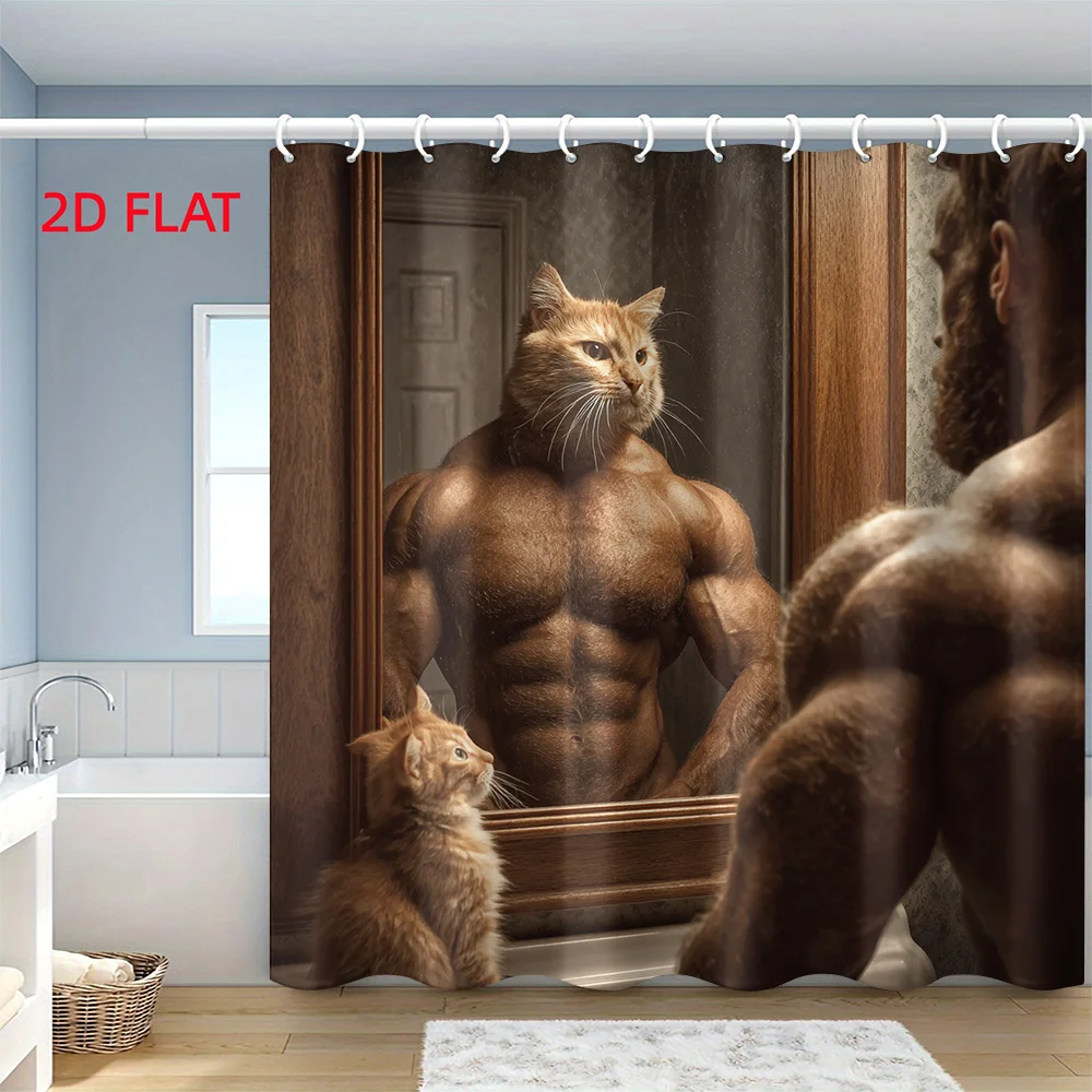 2D Flat, 1pc Muscle Bodybuilder Animal Cat Shower Curtain with Plastic Hooks. Suitable for Window Decoration in Rooms, Homes, an