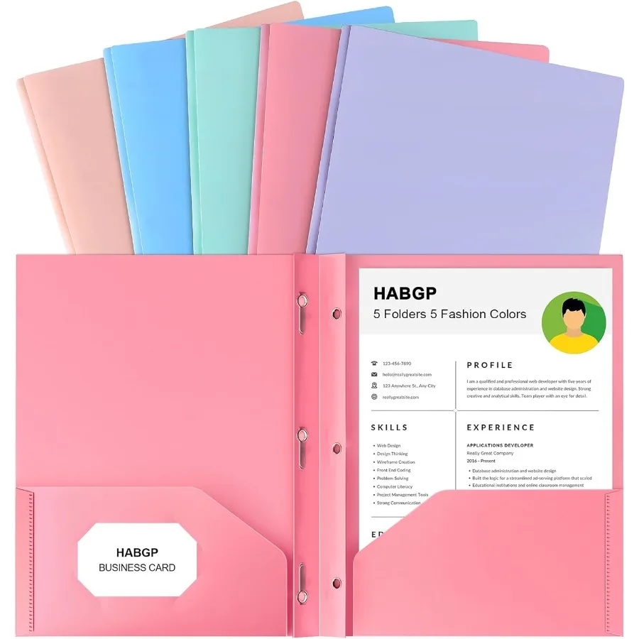 

Two Pot Folder With Prongs 5 Pack Pastel Colors Plastic Folders With Pots and Business Card Holder Fit Letter Size for Organizi