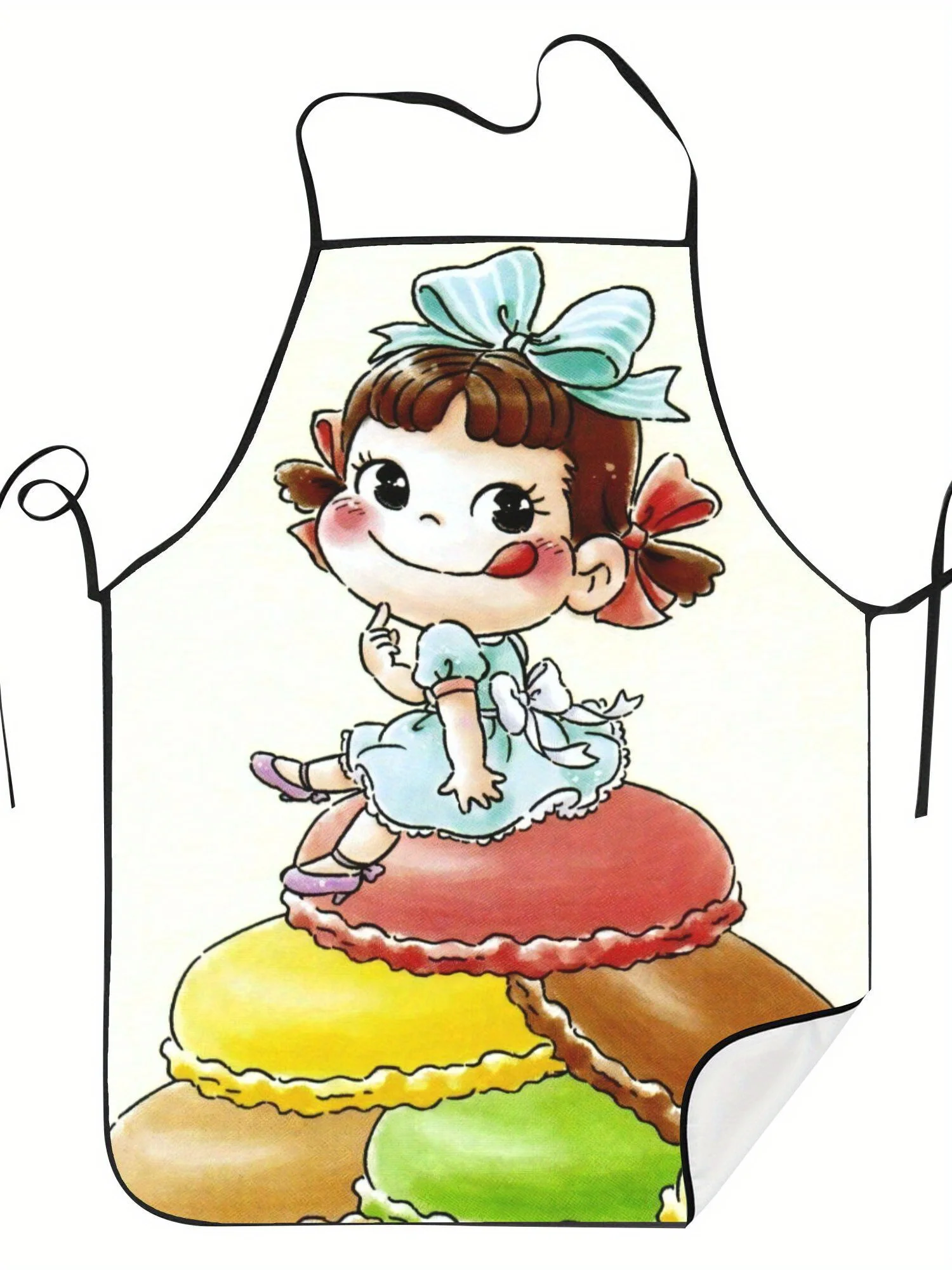 Cute Girl on Macarons Apron, Kawaii Cartoon Sweet Dessert Graphic Cooking Bib, Lovely Kitchen Decor, Gift for Women Girls