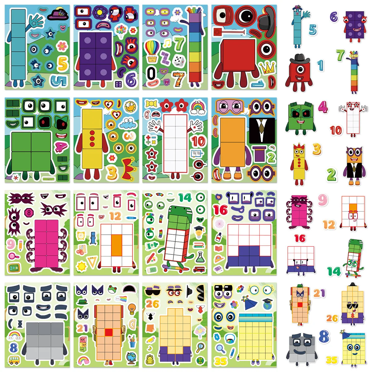 

8/16-Pack Number Building Blocks Make a Face Puzzle Stickers Cartoon Guitar Luggage Notebook DIY Decorative Decals
