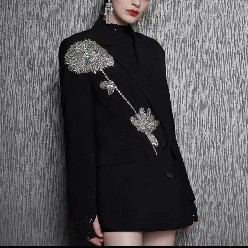 Elegant Black Oversized Suit Coat Women Handmade Rhinestone Chrysanthemum Decor Lapel Single Button Casual Blazer