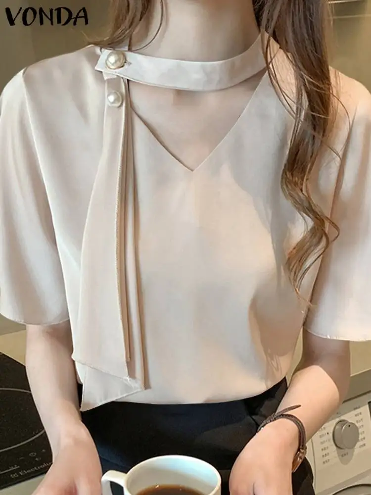 VONDA 2024 Summer Women Elegant Blouse Satin Tops Casual V Neck Patchwork Tie Short Sleeve Loose Shirts Solid Silk Blusas Femme