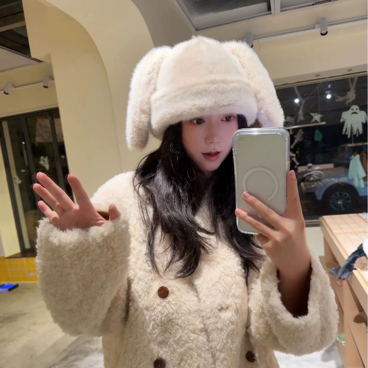 Cute Two-Tone Faux Mink Rabbit-Ear Hat for Women—Autumn/Winter Warm and Cozy, Fur-Lined Ear Flaps, Face-Slimming, Bun-Friendly