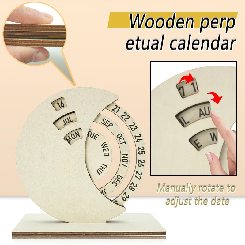 

1 шт. деревянный настольный календарь Wannian, круглые вращающиеся украшения, безопасные материалы, портативный, компактный, атмосфера, милый, бытовой