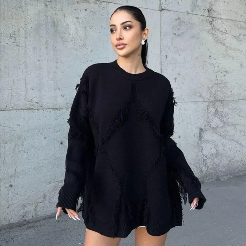 Y2k Women's Autumn Winter Coat Tops Long Sleeve Sweater Vintage Knit Pullovers Tassel Simple Loose Casual Design Niche Versatile