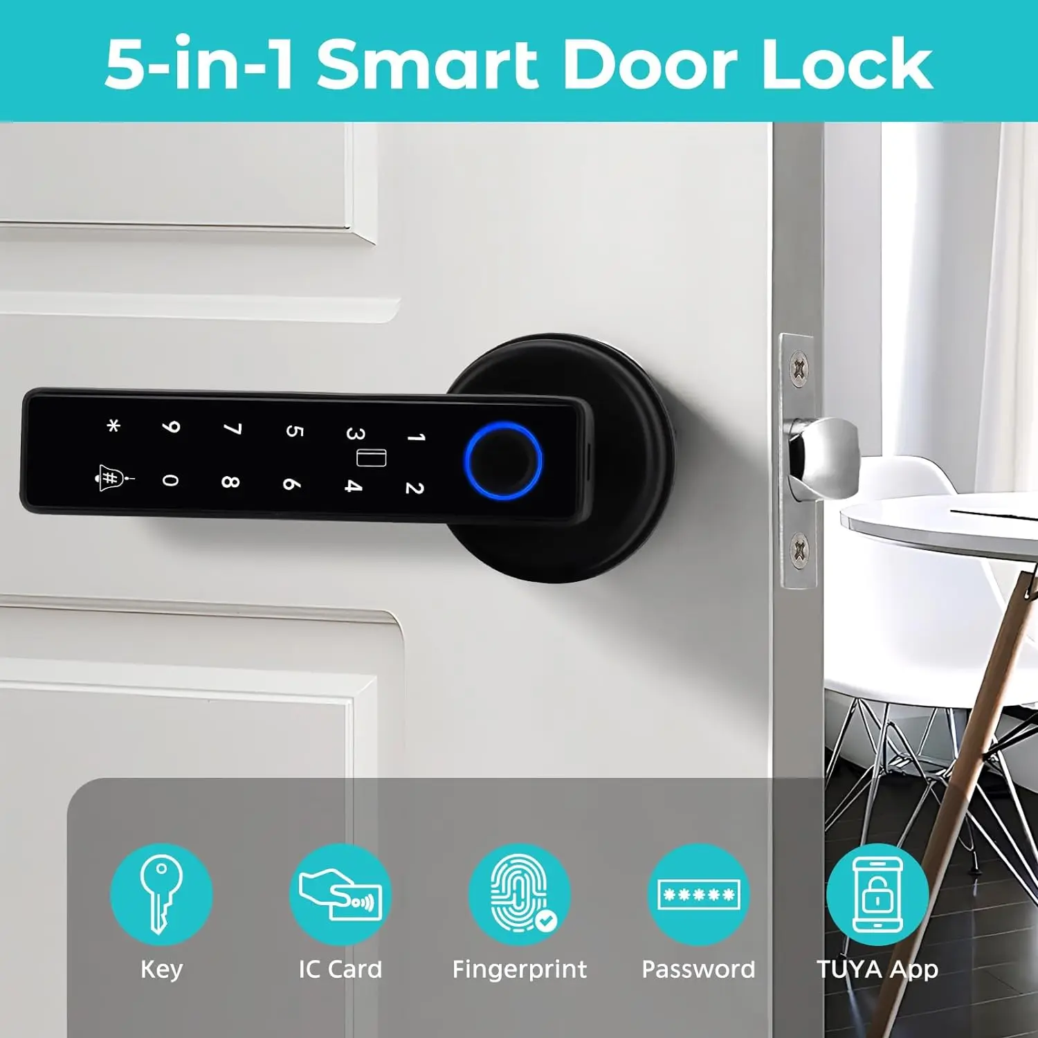 Smart Door Lock 5-in-1 Fingerprint Door Lock Handle Fingerprint Password Cards Key Unlock  Anti-Peeping Auto Lock for Left Right