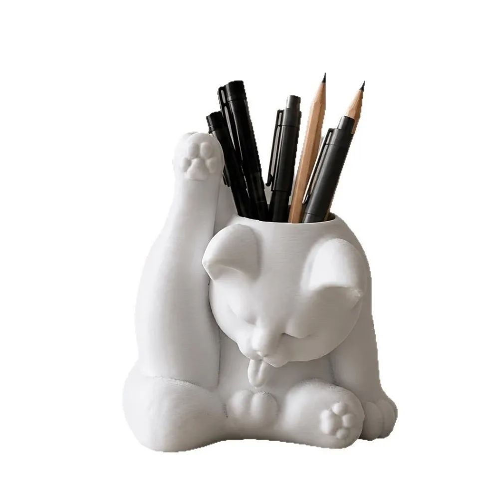 Cute 3D Printed Cat Pen Holder Home Decor Funny Desk Storage Box Ornaments Creative Licking Paw Cat Statue Stationery Storage
