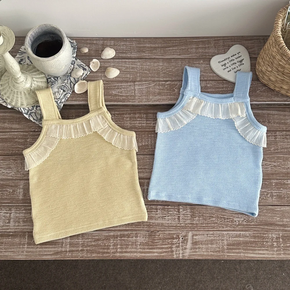 2026 New Korean-style Summer Baby Clothes Lace trim waffle rib texture Girls Vest thin ribbed cotton