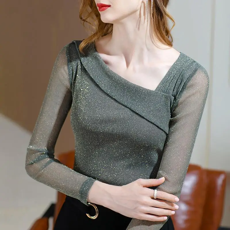 

Elegant Gauze Spliced Folds Bright Silk Blouses Women's Clothing 2023 Autumn Winter Loose Office Lady Tops Solid Color Shirts