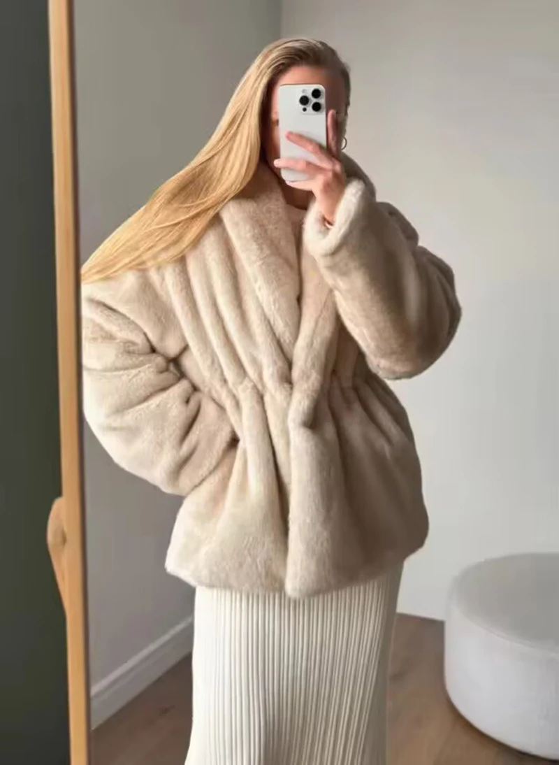 ZADORIN Luxury Faux Mink Fur Coat Women Elegant Drawstring Waist Loose Thickened Mid Long Plush Fur Jackets Trendy Winter Coats