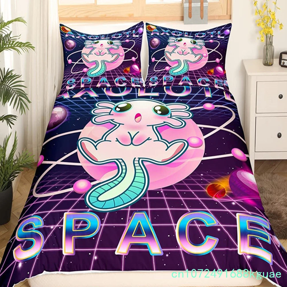 Kawaii Axolotl Bedding Set Queen For Girls Boys Teens Cute Cartoon Reptiles Animal Duvet Cover Galaxy Starry Sky Comforter Cover