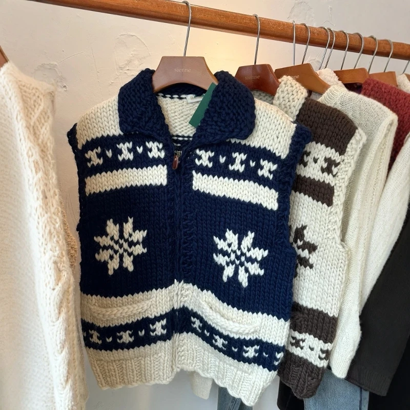 

Korean Design Winter Cisas Aosphere Snowflake Deer Zipper Knitted Vest Versatile Sle 00% Other Material