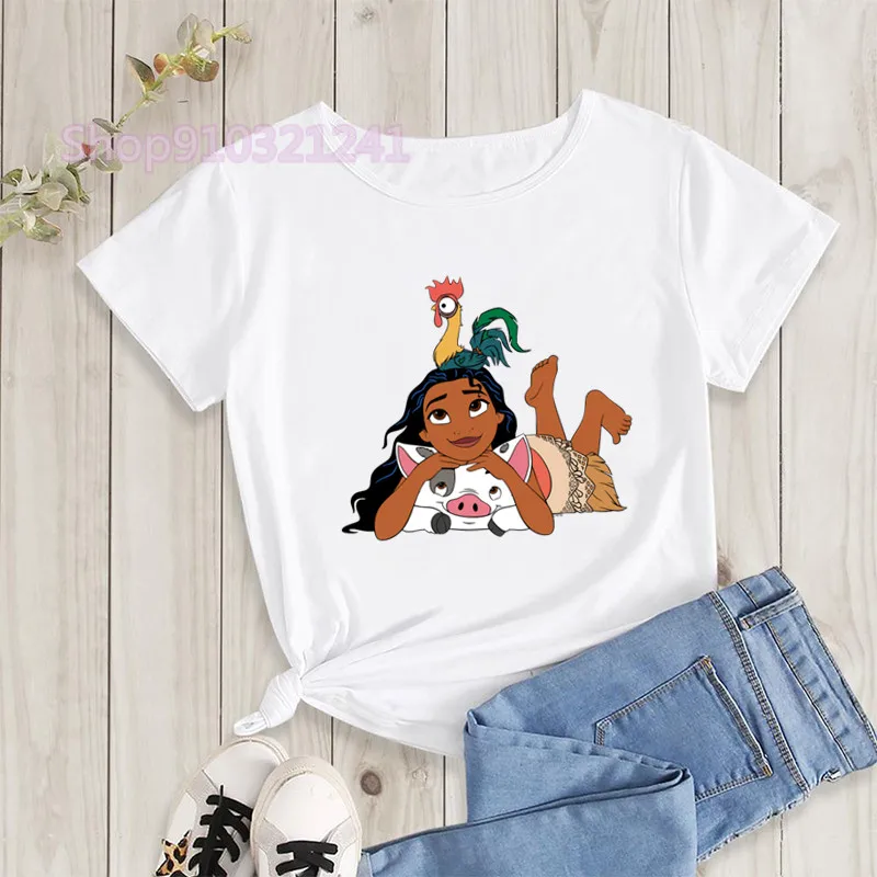 Kawaii śmieszna koszulka Moana damska Harajuku Streetwear śliczna księżniczka Tshirt z grafiką T-shirt z motywem zwierzęcym kreskówka koszulki