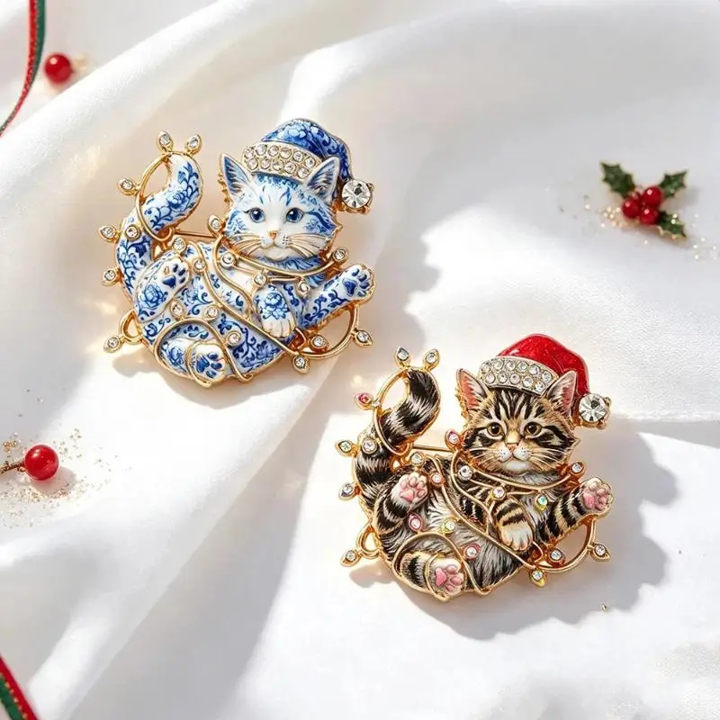 1 Stück Unisex Strass Bunte Lichter Kätzchen Neujahrs-Party Brosche Niedliche Weihnachts-Katzenbroschen für Frauen – Detail 6