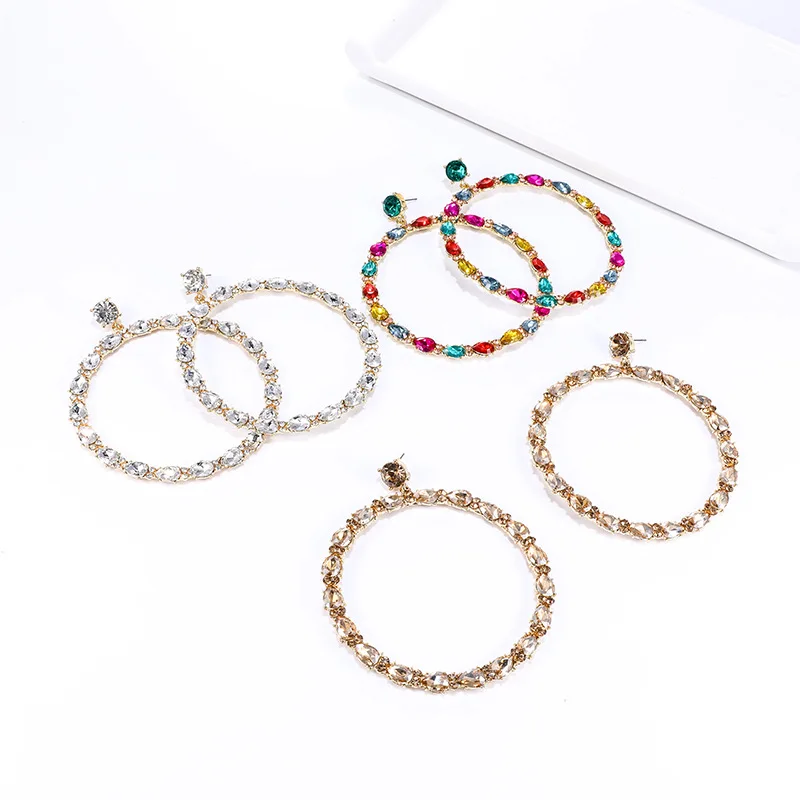 Stylish, simple and exaggerated hollow circle colored water alloy diamond-encrusted earrings, earrings, Korean version flash dia