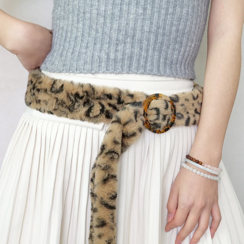 Leopard Print Fur Belt  Winter Warm Hip Hop Adjustable Waistband Y2K Aesthetic 2000s Jeans Punk Personality Grunge Waist Belt
