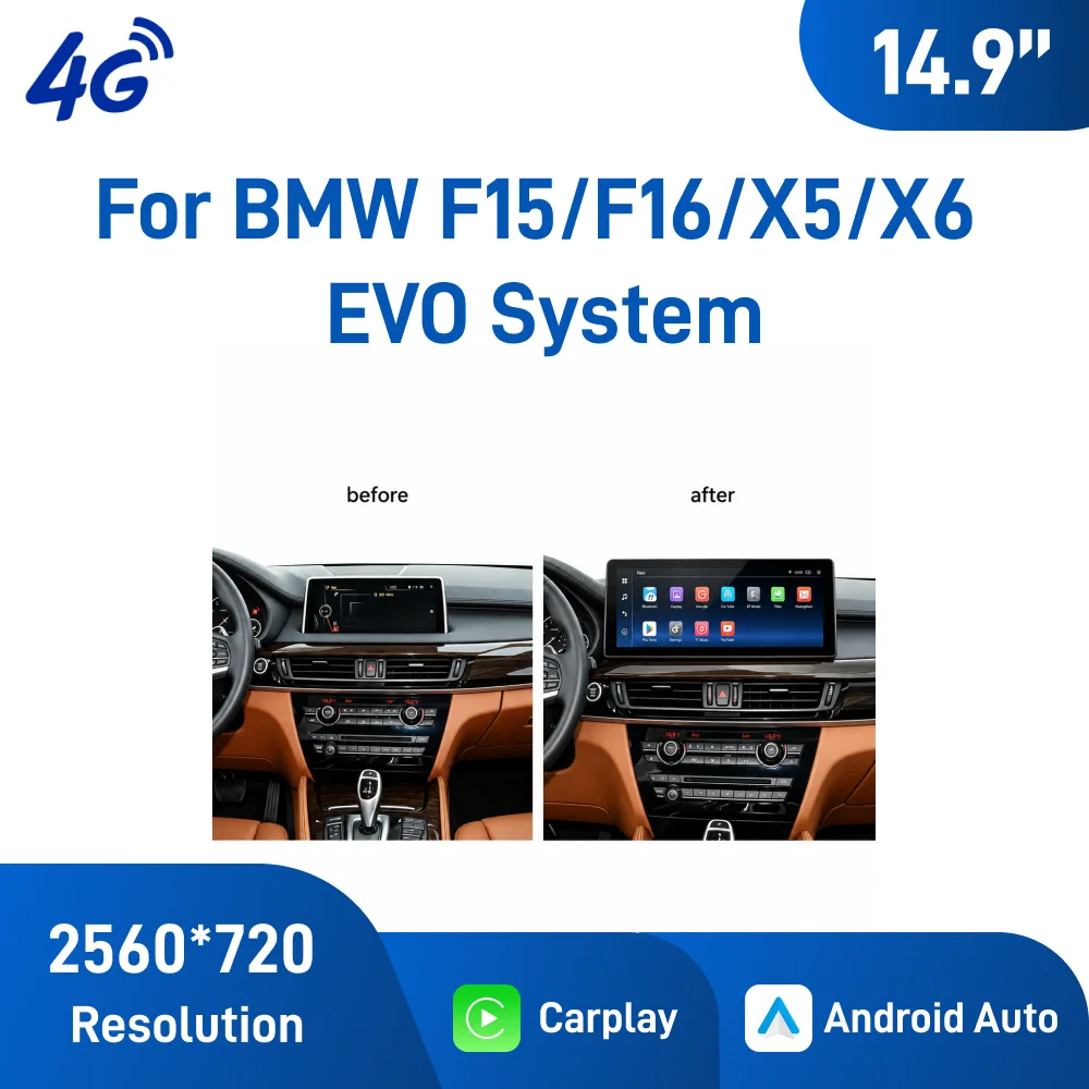 Android 13 Car Navigation 2017 EVO Carplay Touch Screen GPS Bluetooth WiFi Android Auto Rear Camera14.9for BMW X5 X6 F15 F16