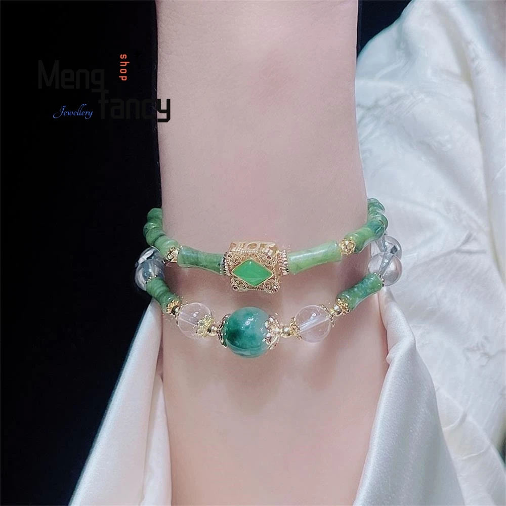 Natural Double Circle Southern Jade Bamboo Bracelet Female Design Models Temperament White Crystal Beaded Simple Fashion Jewelry