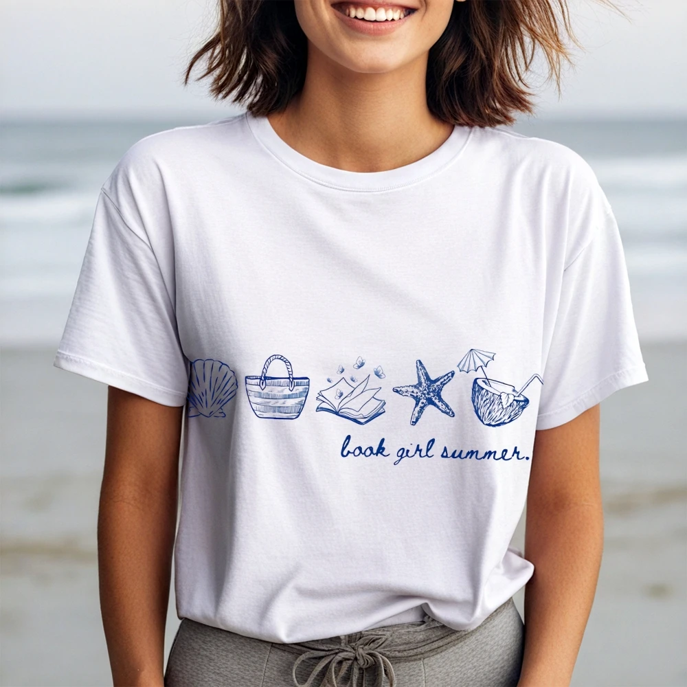 

Beach Girl Tee White T - Shirt Seashell Beach Item Graphic Casual Loose Short Sleeved Summer Relaxing Fun Comfortable Top