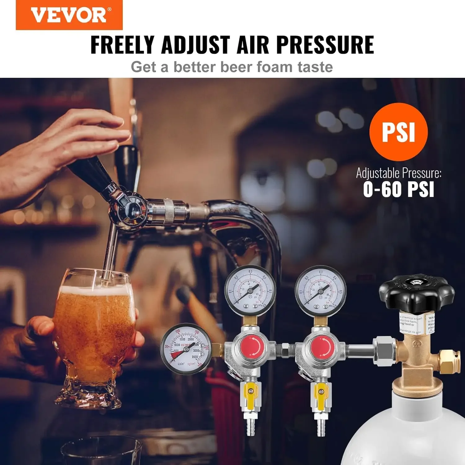 Triple Gauge Regulator, CO2 Regulator Gauge with 0-60PSI, Heavy Duty CO2 Gauge Gas System, Draft Beer Regulator with Check Valve