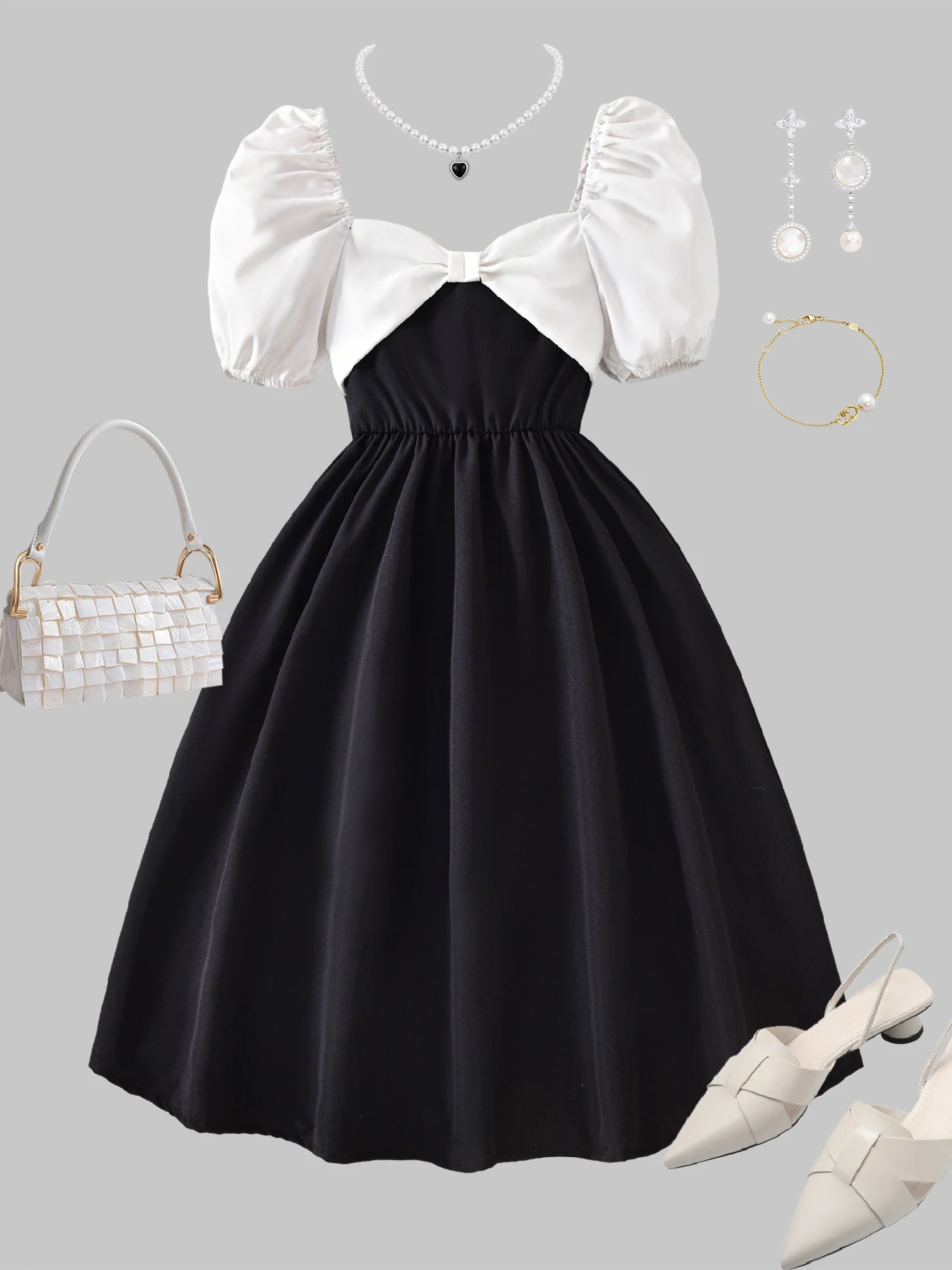 Girls' Summer French Retro Style Classic Black and White Color Block Dress with Bow and Bubble Sleeves