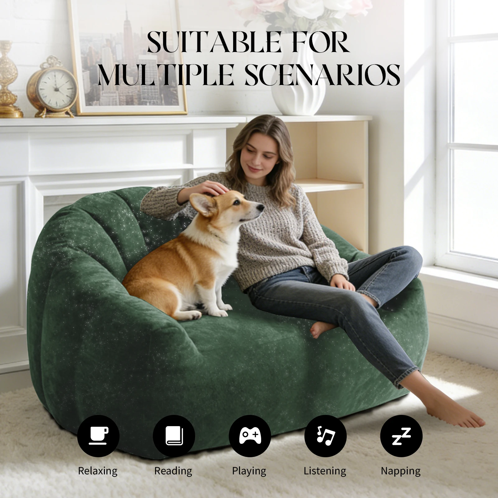 2-Seater Sparkling Plush Bean Bag Sofa, High Density Foam Filled Large Lazy Floor Couch