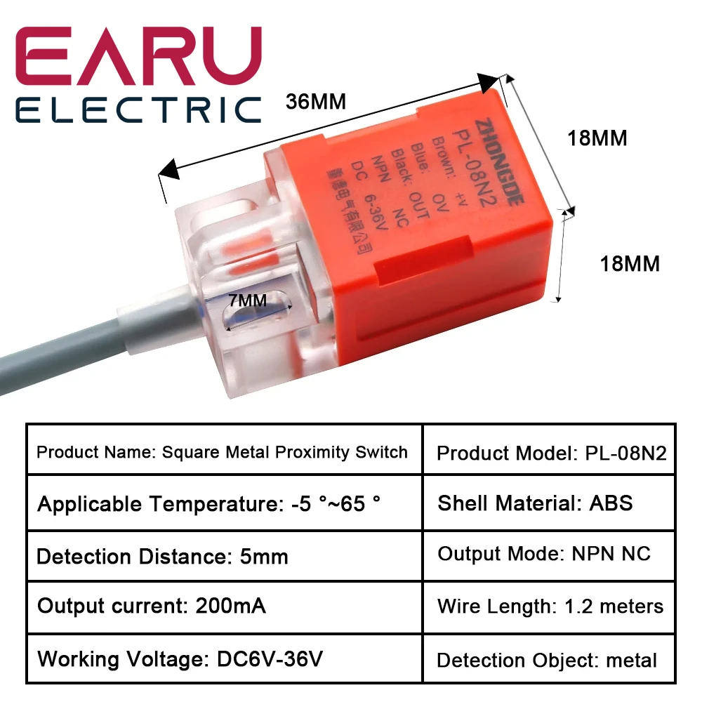 PL-08N2 Square Proximity Switch Inductive Sensor Metal Switch Three-wire NPN Normally Closed DC 6V 36V