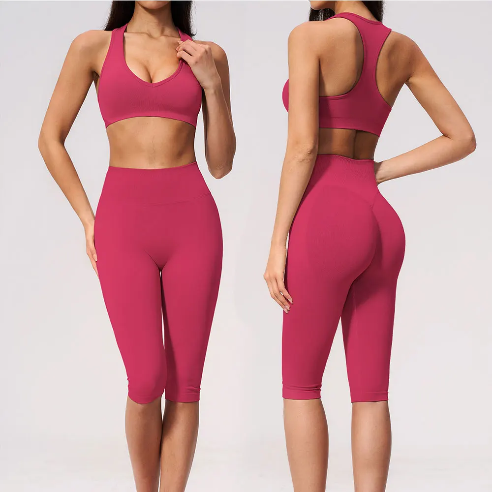 Yoga Set 2PCS Women Tracksuit Sports Set Fitness Outfits Sportswear Workout Clothes Running Capri Pants Gym Suit Athletic Wear