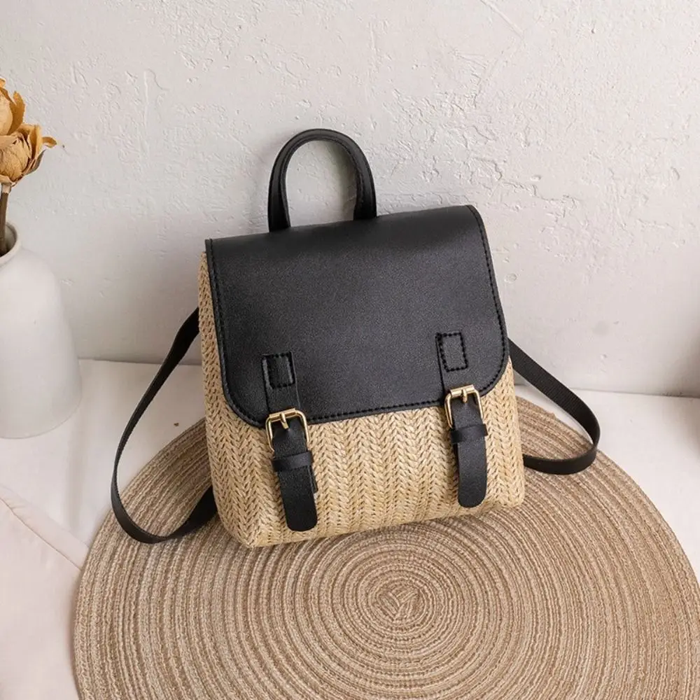Versatile Bag PU Leather Straw Backpack Retro Design Elegant Look Shoulder Bag Vintage Style Luxury Woven Backpack Women Fashion