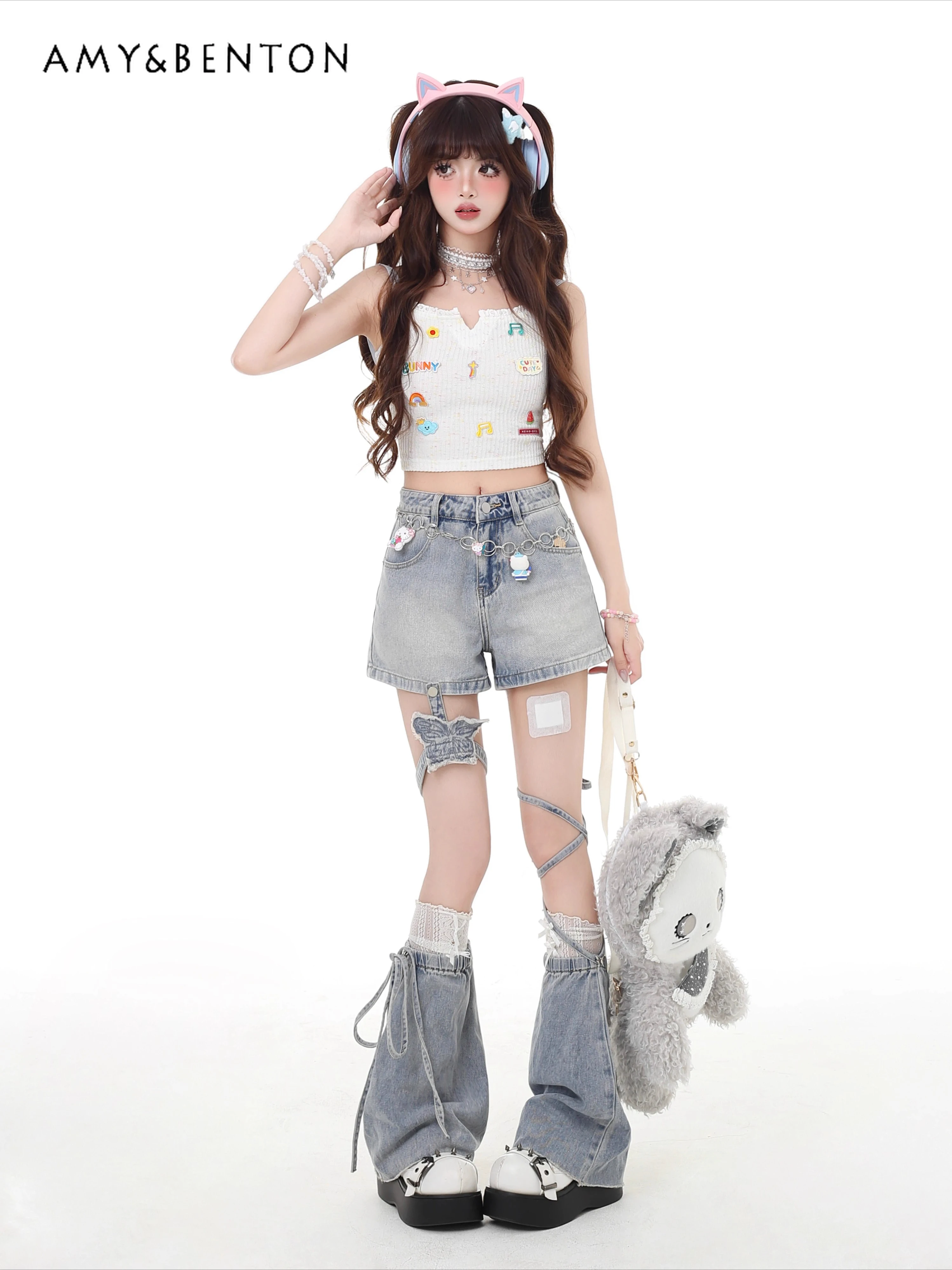 Sweet Cool Y2k Bow Strap Denim Shorts Women 2025 Summer New Harajuku Style Hot Girl High Waist Slim Wide Leg Pants + Leg Warmer