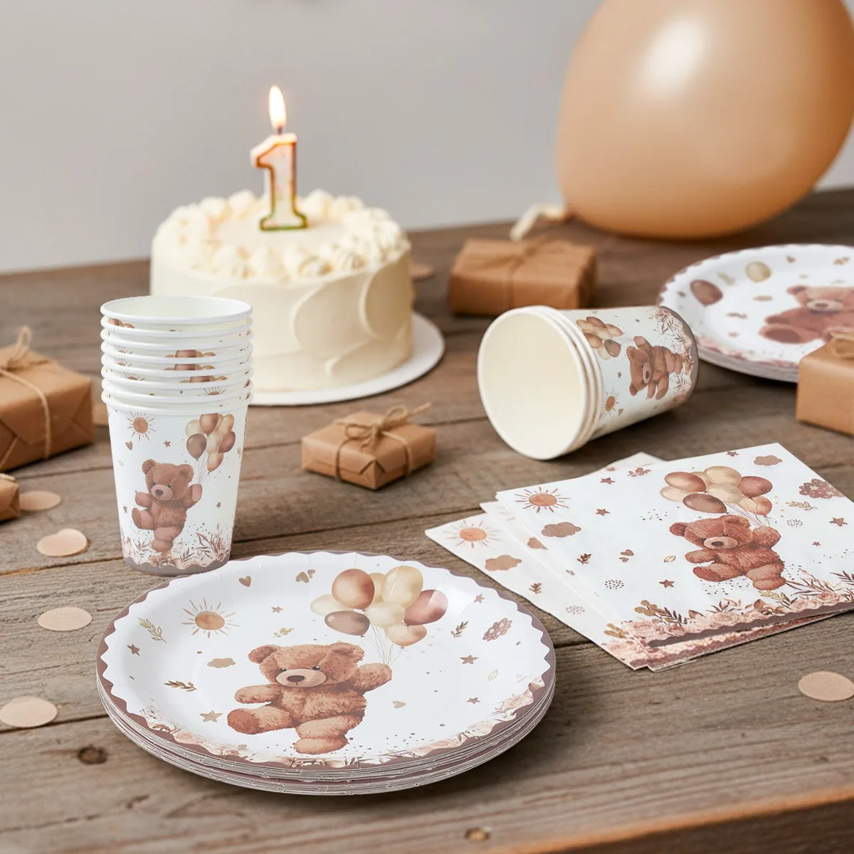 Braunbär-Party Pappteller Kindergeburtstag Tischdekorations-Set Einweg-Pappbecher Servietten und Teller Set – Detail 8