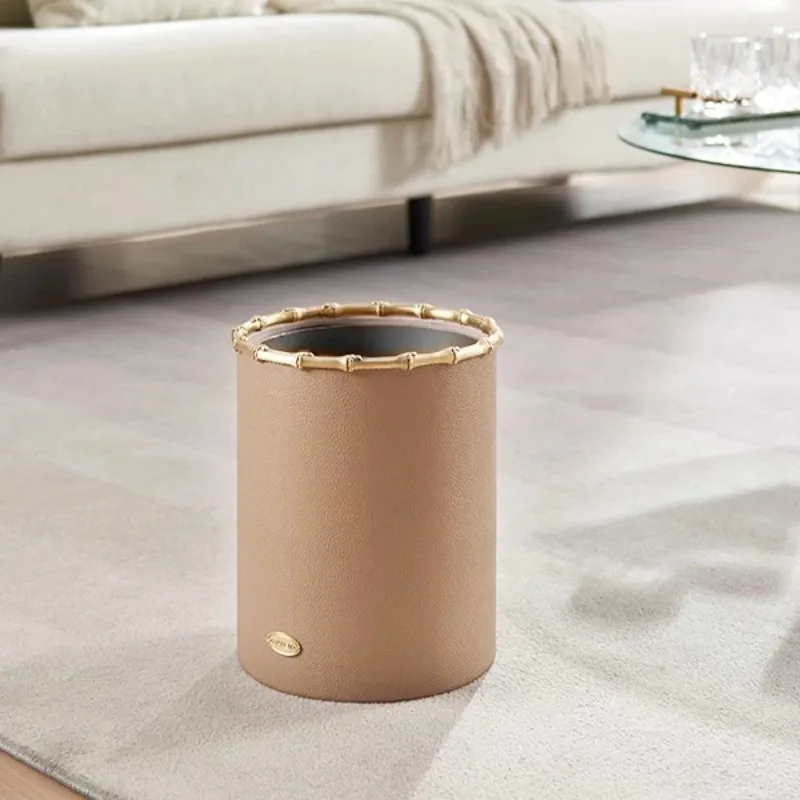 Brass Bamboo Trash Can Protable Leather Waste Bins Italian Luxury Creative Living Room Trash Bin Modern Home Decor Furniture