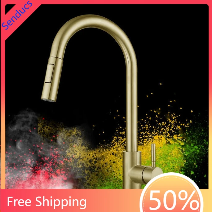 

Brushed Gold Pull Out Kitchen Faucets Hot Cold Pull Donw Kitchen Sink Mixer Tap Deck Mounted Stainless Steel Kitchen Sink Faucet