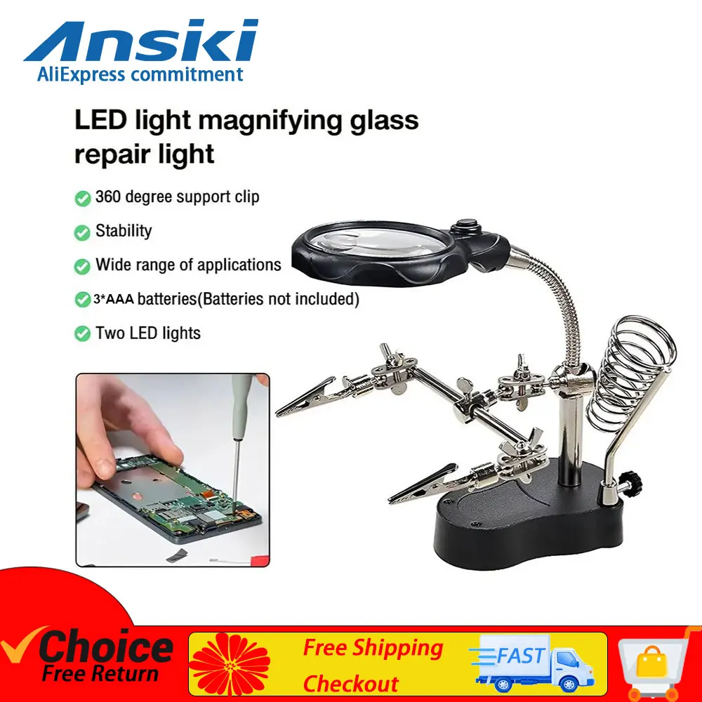 

Сварочная станция-подставка ANSIKI 3.5X 12X с функцией «третей руки», паяльником и лупой с 2 светодиодами и зажимом