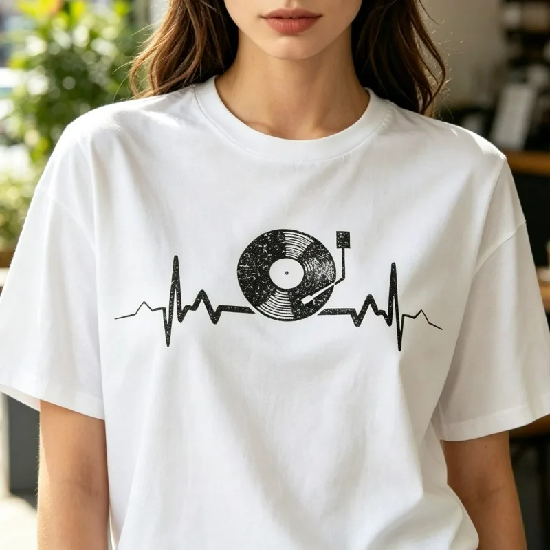 Vinyl Record Heartbeat Print T-Shirt Women 100% Cotton Casual Loose Music Lover Gift Top Retro Vintage Music Enthusiast Tee