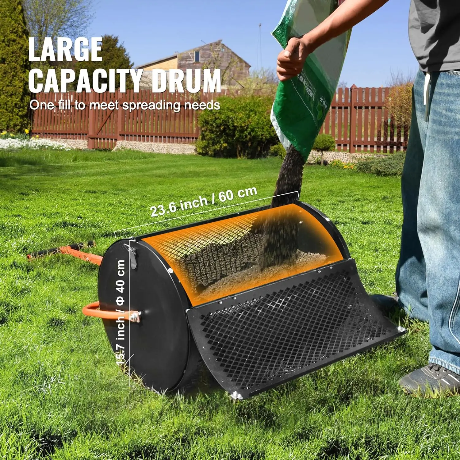 Compost Spreader and Peat Moss Spreader, 24" Push/Tow-Behind Roller Lawn Spreader with Height Adjustable T Shaped Handle