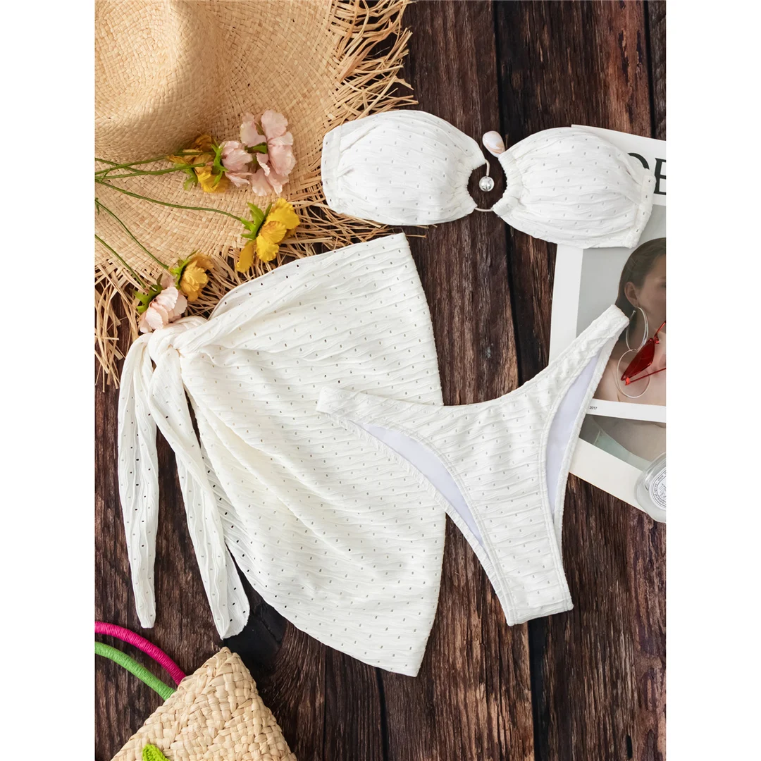 Sexy Bandeau-Bikini mit Sarong, ausgeschnittenes Design, Damen-Badeanzug, dreiteiliges Bikini-Set, Badebekleidung, Badeanzug, Modell V5583. – Detail 19